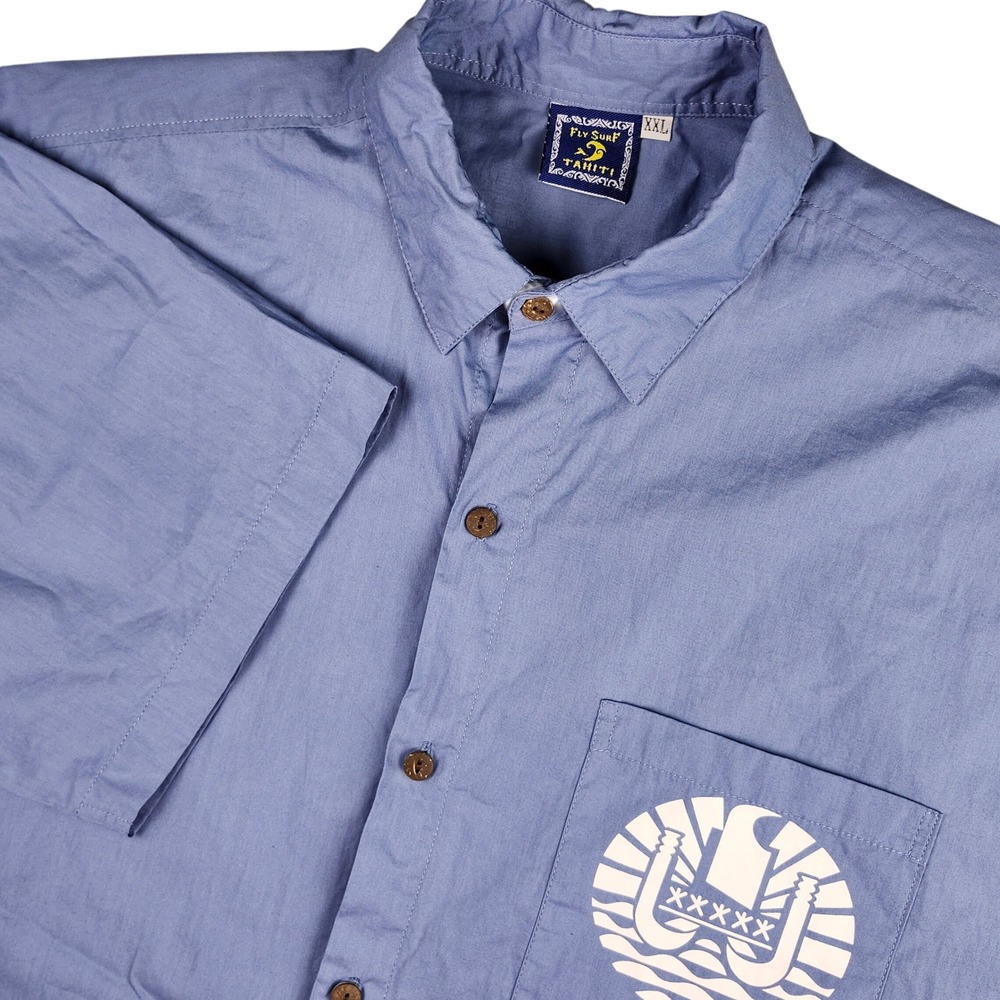 Fly‎ Surf Tahiti Button Up Shirt Mens XXL Blue Graphic Cotton Polynesian Islands